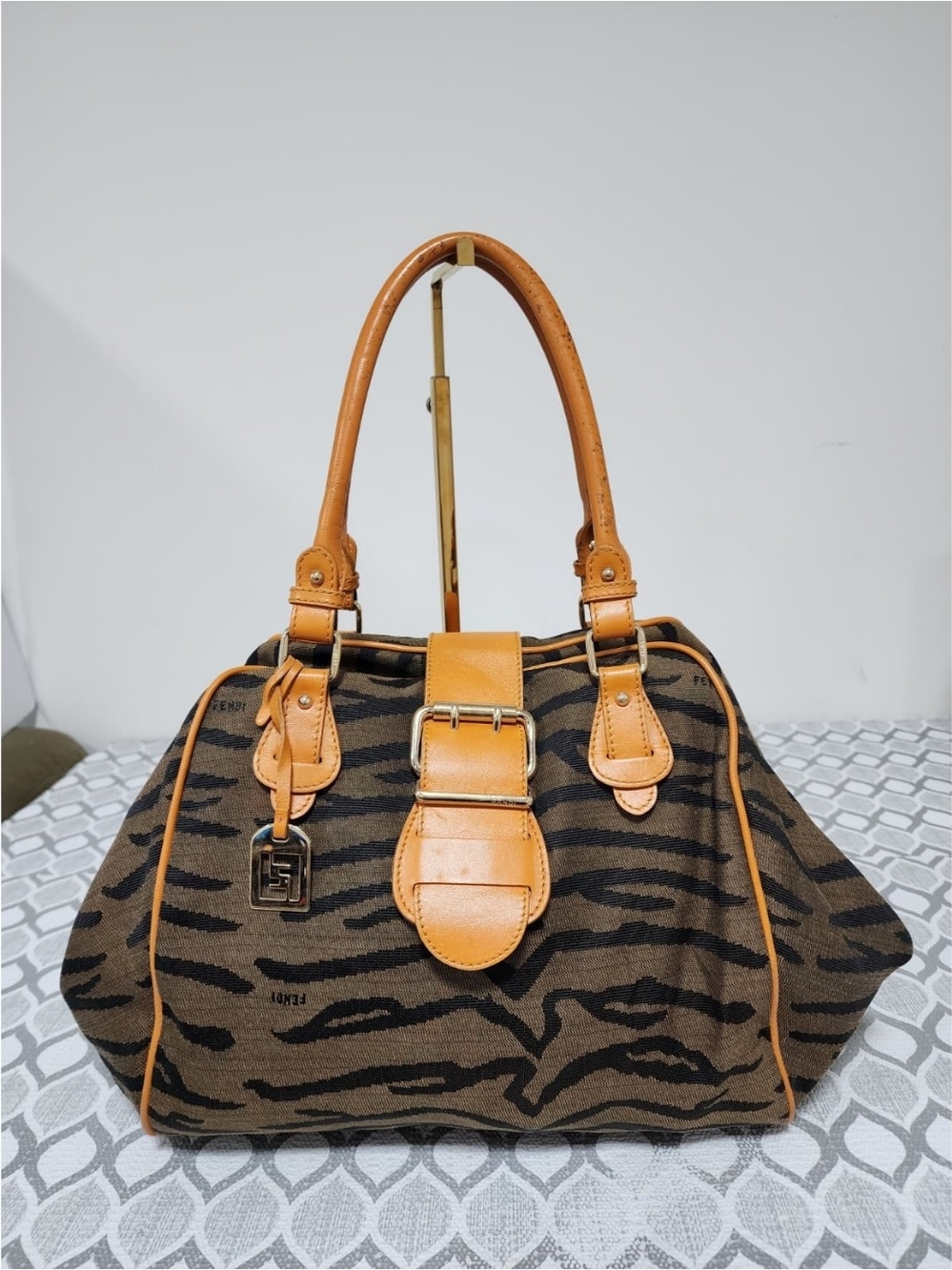 Fendi Jacquard Fabric Tiger Print Shoulder Bag Brown/Orange